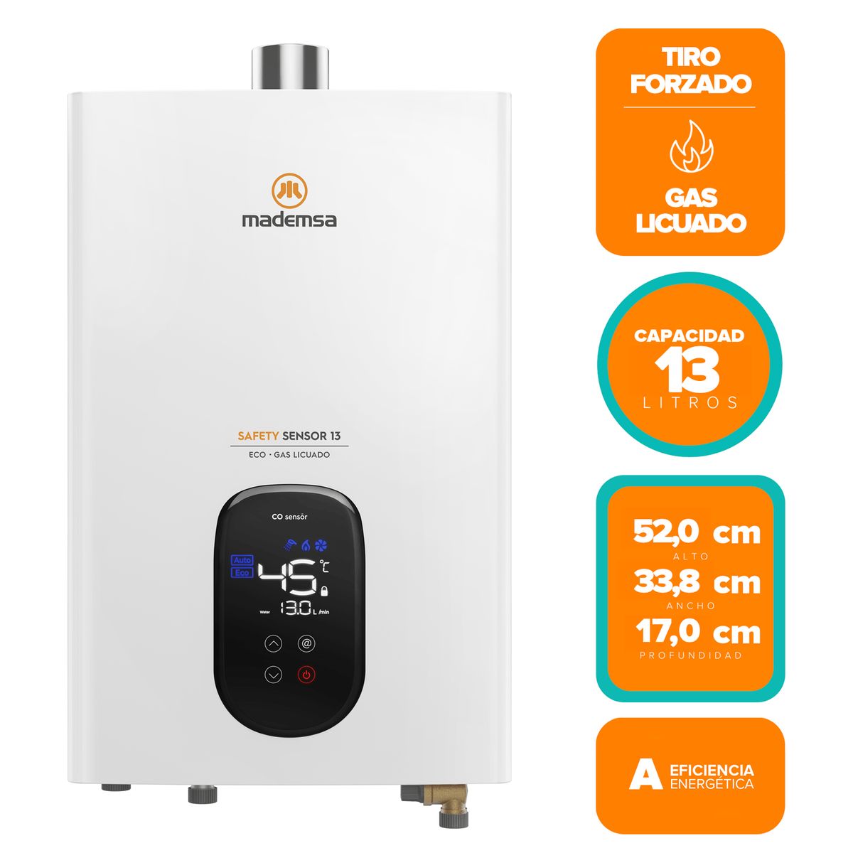 MADEMSA - Calefont Gas Licuado Mademsa 13 Litros Tiro Forzado Sensor Monóxido de Carbono 13 Eco GL