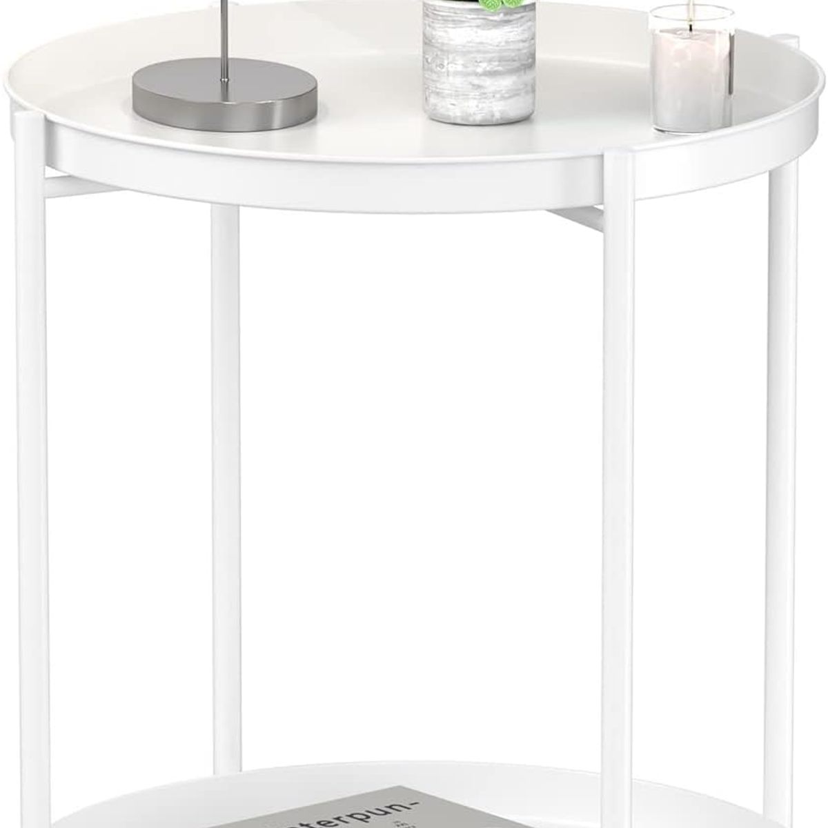 MOBOI - Mesa Lateral Auxiliar 2 Niveles Metalica 42x42x52cm Blanco