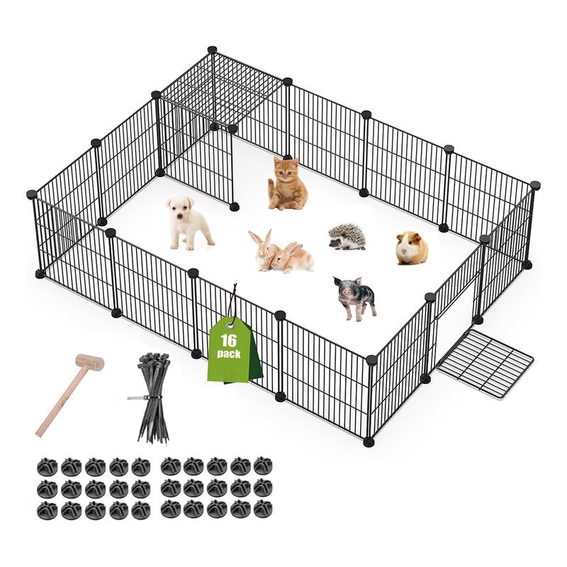 EVERSO - Jaula Corral Cerco Pequeñas Mascotas16 Paneles Armable Negro