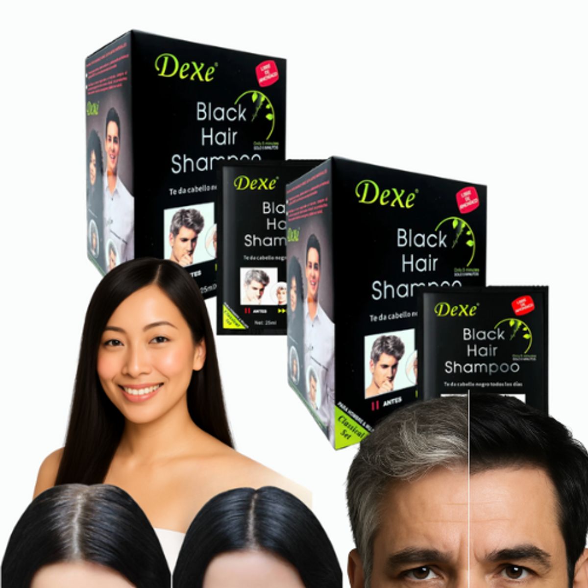DEXE - Pack 2x1 Shampoo Cubre Canas Sin Amoníaco 20 sachet (rejuvenece en 5 minutos)
