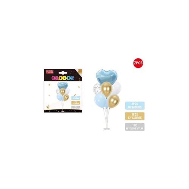 GENERICO - Set Globos Celeste Dorado Y Corazón Con Pedestal 7 Pcs