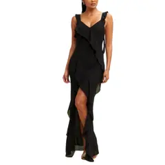 CAPRICHOSA - Maxi Vestido de Crepe negro con vuelos y escote en V