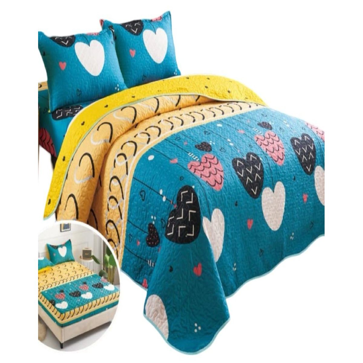 GENERICO - CUBRECAMA QUILT 5 PIEZAS CON JUEGO DE SÁBANAS