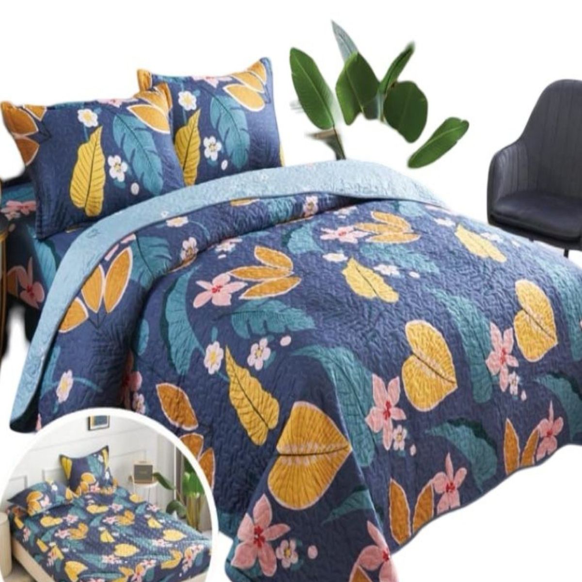 GENERICO - CUBRECAMA QUILT 5 PIEZAS CON JUEGO DE SÁBANAS