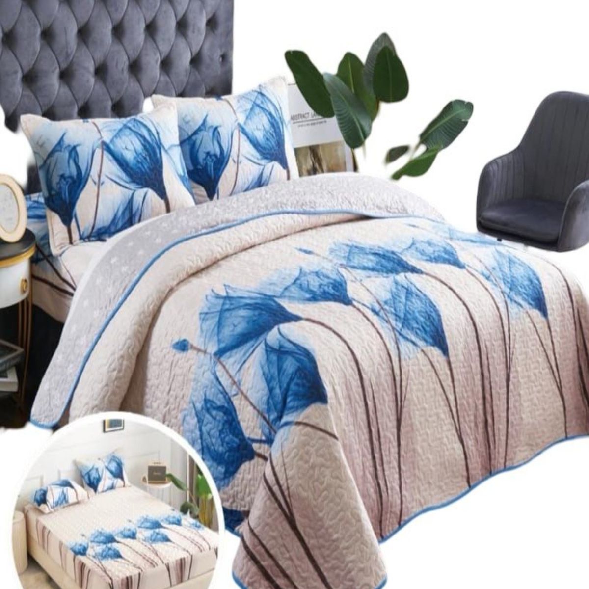 GENERICO - CUBRECAMA QUILT 5 PIEZAS CON JUEGO DE SÁBANAS