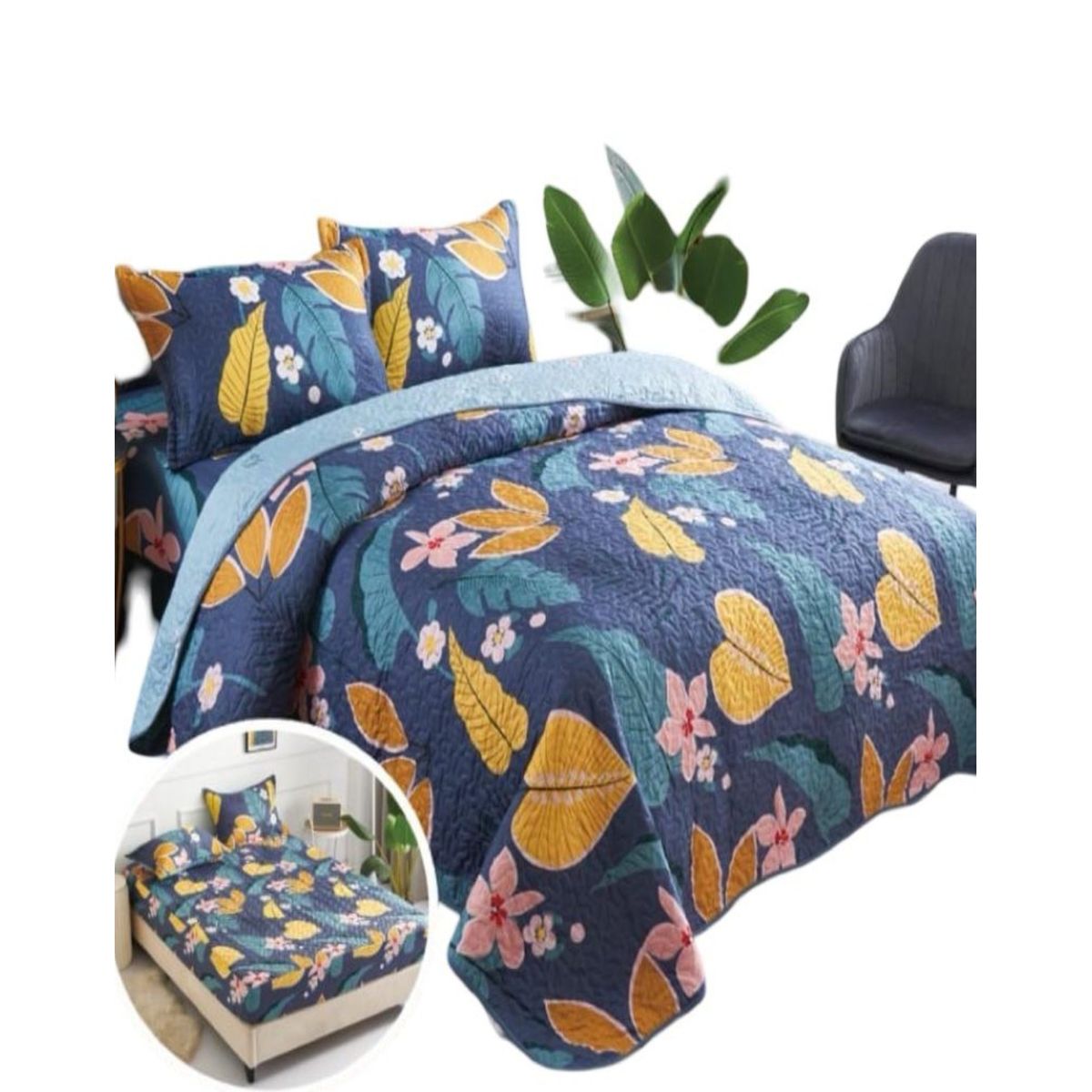 GENERICO - CUBRECAMA QUILT 5 PIEZAS CON JUEGO DE SÁBANAS