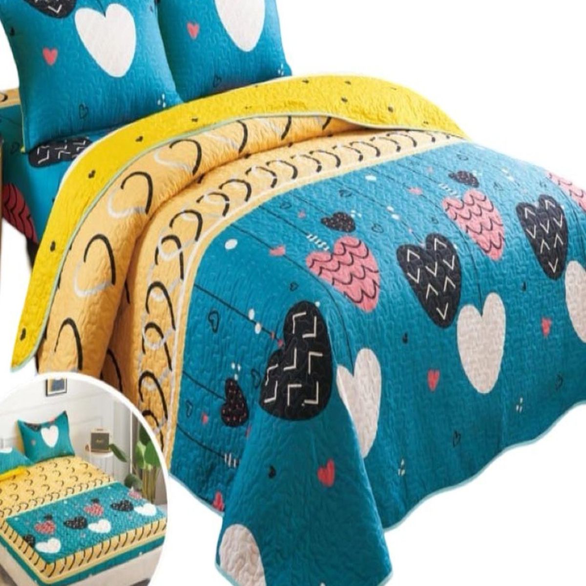 GENERICO - CUBRECAMA QUILT 5 PIEZAS CON JUEGO DE SÁBANAS