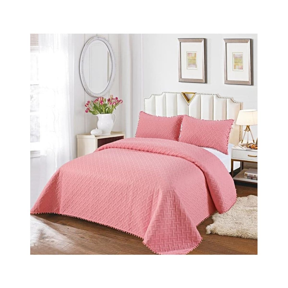 GENERICO - COLCHA QUILT DE VERANO CON POMPONES  PLAZA Y MEDIA