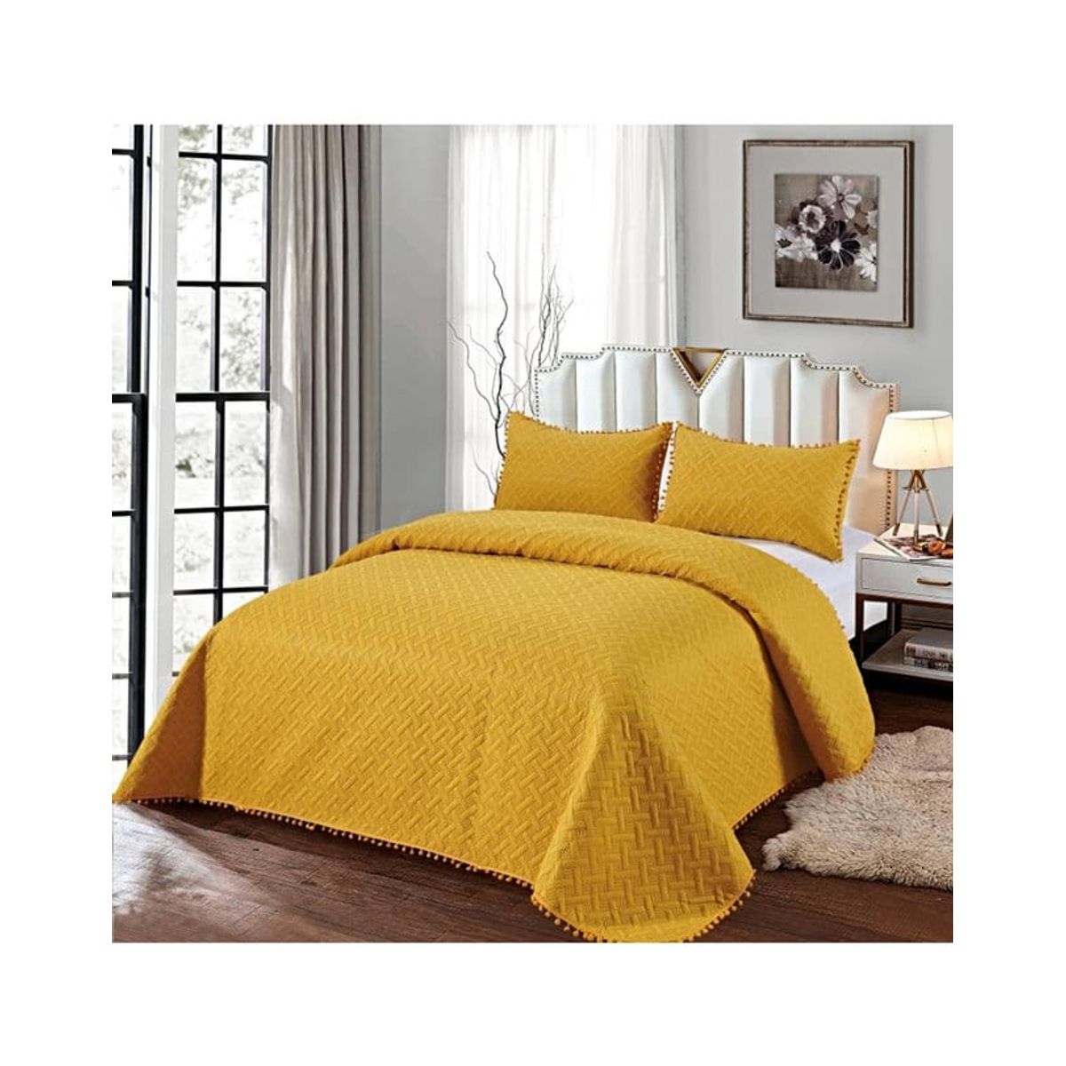 GENERICO - COLCHA QUILT DE VERANO CON POMPONES  PLAZA Y MEDIA