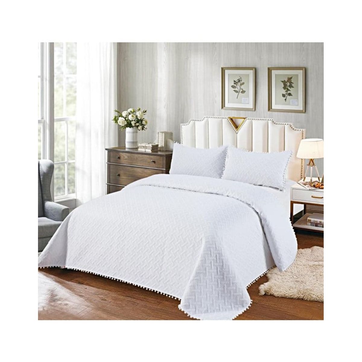 GENERICO - COLCHA QUILT DE VERANO CON POMPONES  2 PLAZAS