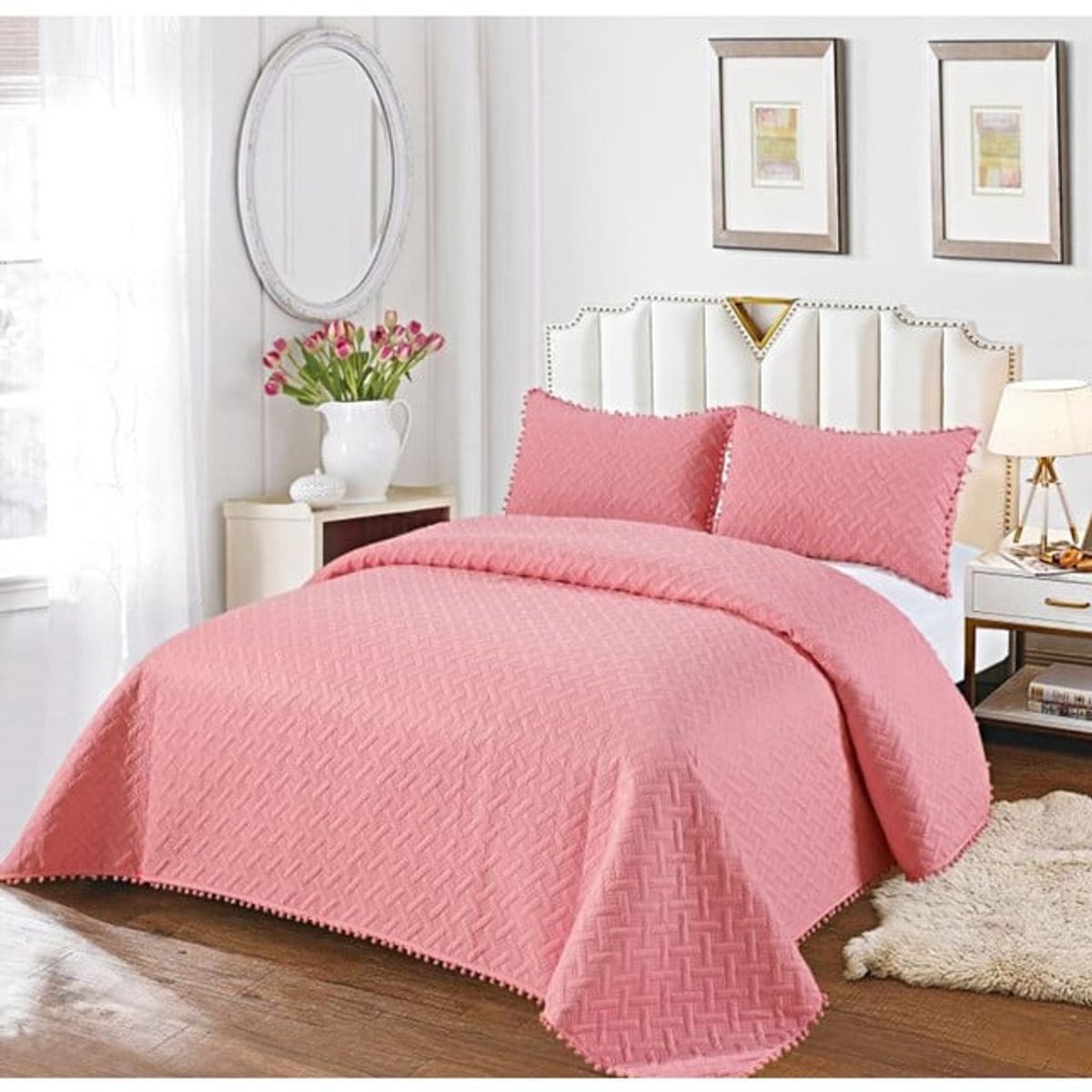 GENERICO - COLCHA QUILT DE VERANO CON POMPONES  PLAZA Y MEDIA