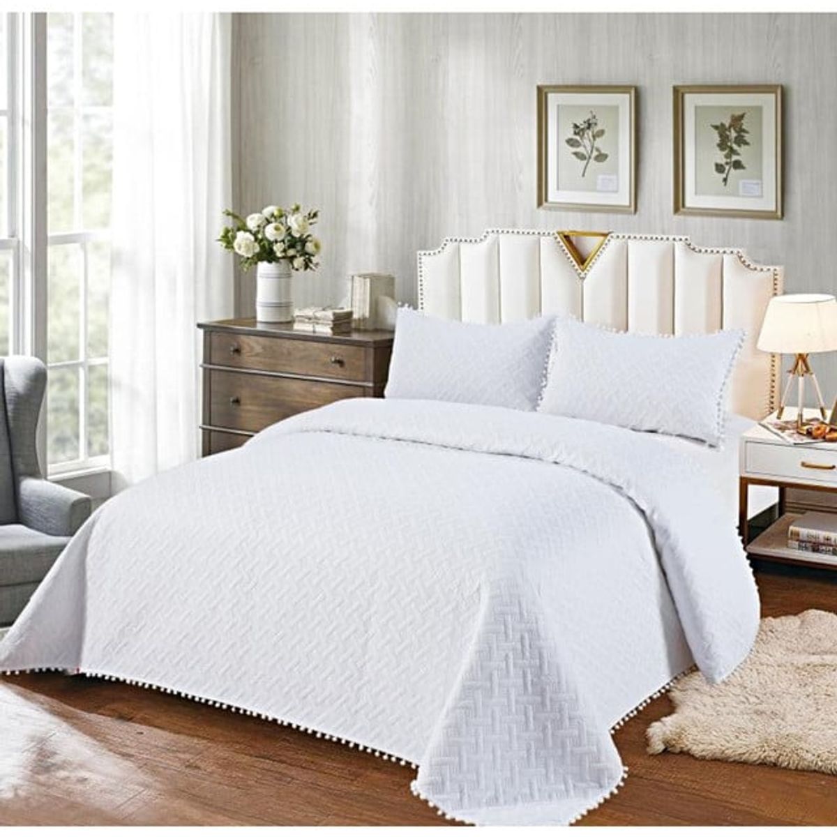 GENERICO - COLCHA QUILT DE VERANO CON POMPONES  2 PLAZAS