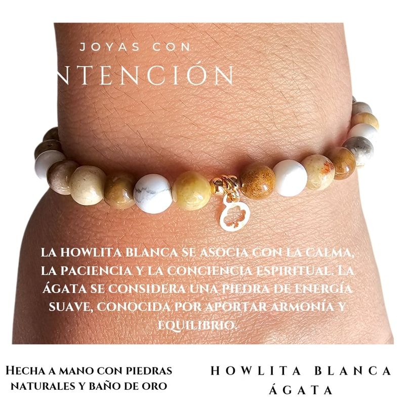 GENERICO - Pulsera Trebol con Piedra Ágata y howlita blanca