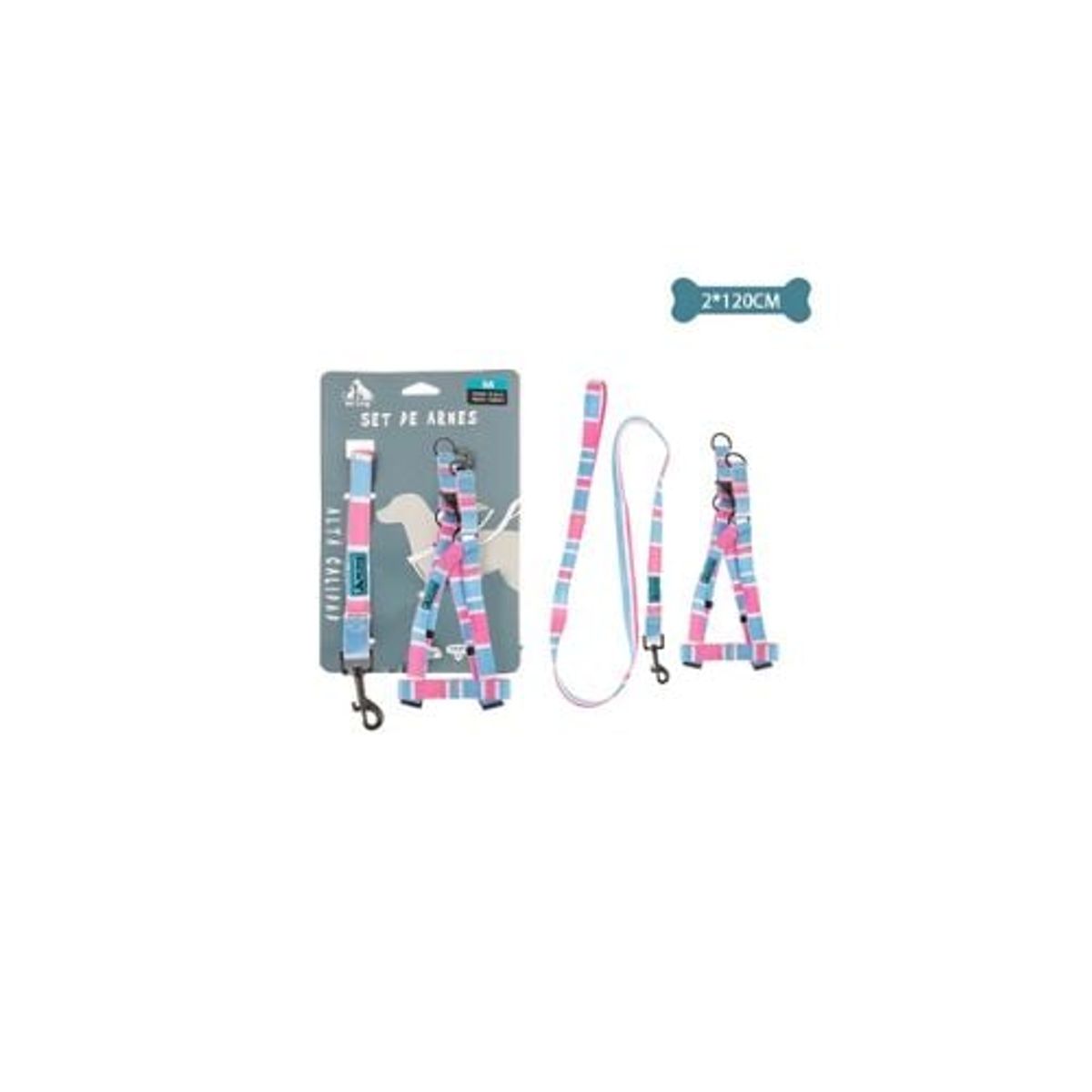 GENERICO - Set De Arnés y Correa De Nylon Azul y Rosa 2x120cm