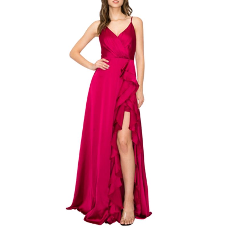 CAPRICHOSA - Maxi Vestido color magenta satinado escote en V