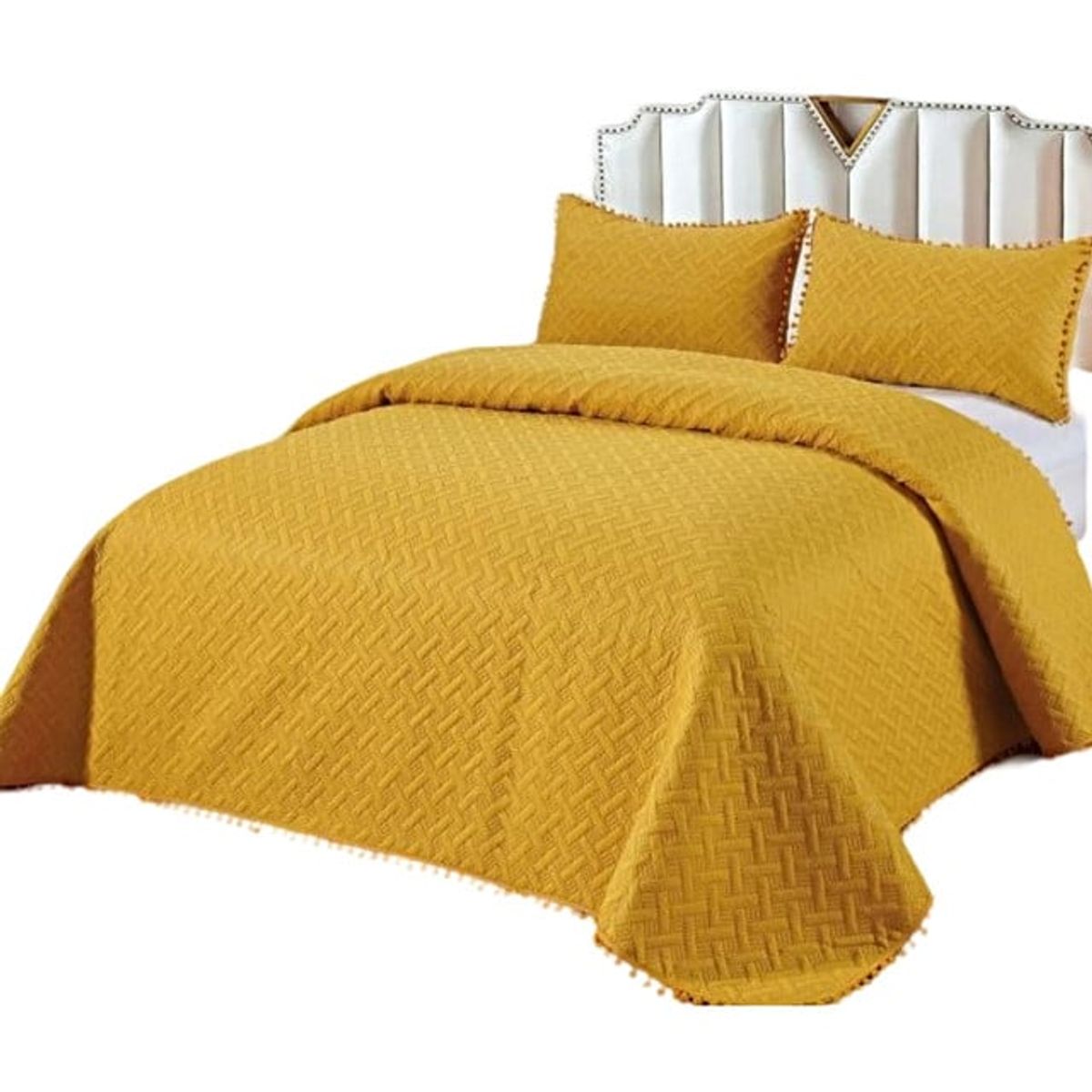 GENERICO - CUBRECAMA QUILT DE VERANO CON POMPONES  PLAZA Y MEDIA UNICOLOR