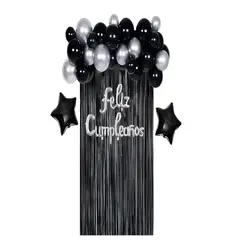 GENERICO - SET DE DECORACION CUMPLEAÑOS NEGRO Y PLATEADO 35 PIEZAS