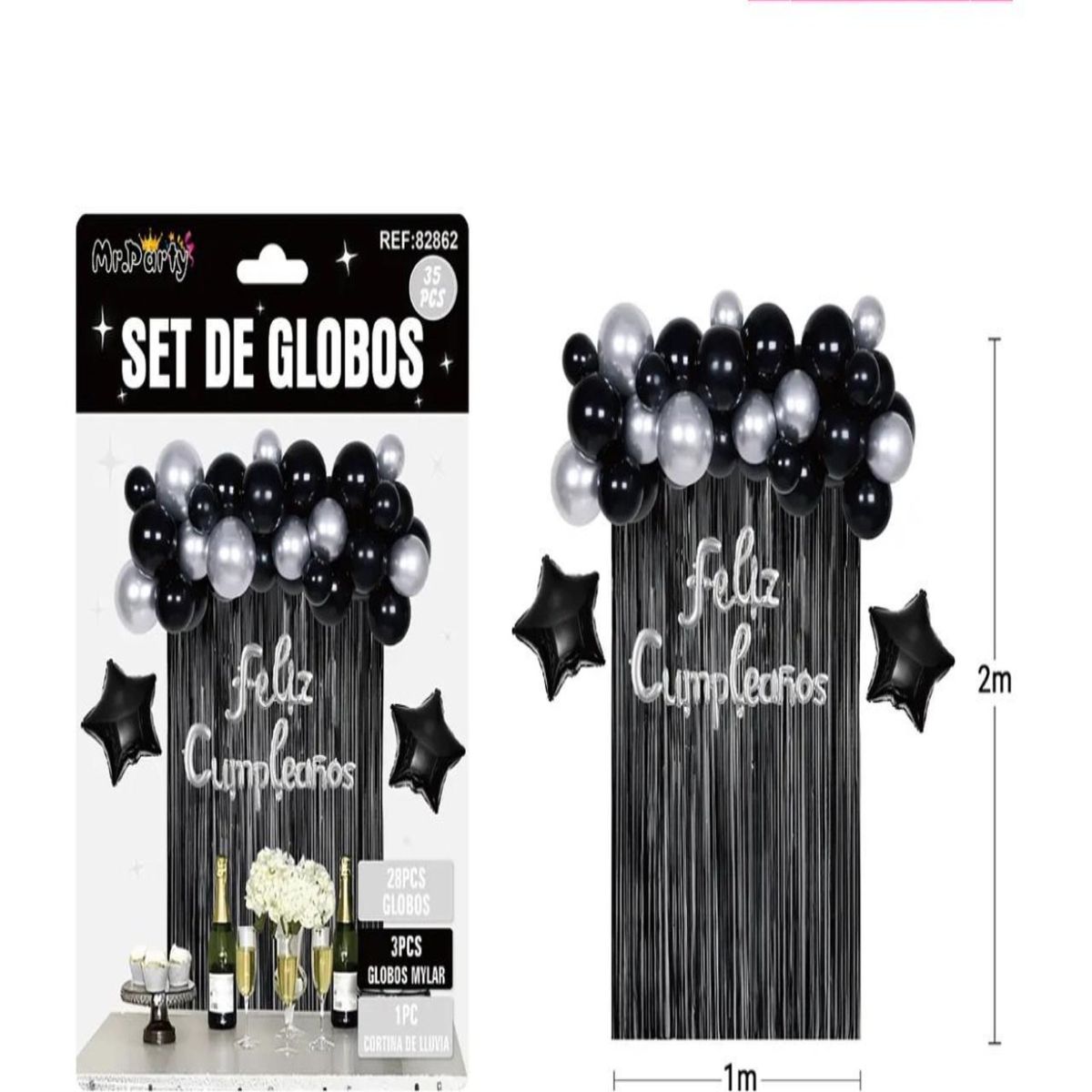 GENERICO - SET DE DECORACION CUMPLEAÑOS NEGRO Y PLATEADO 35 PIEZAS