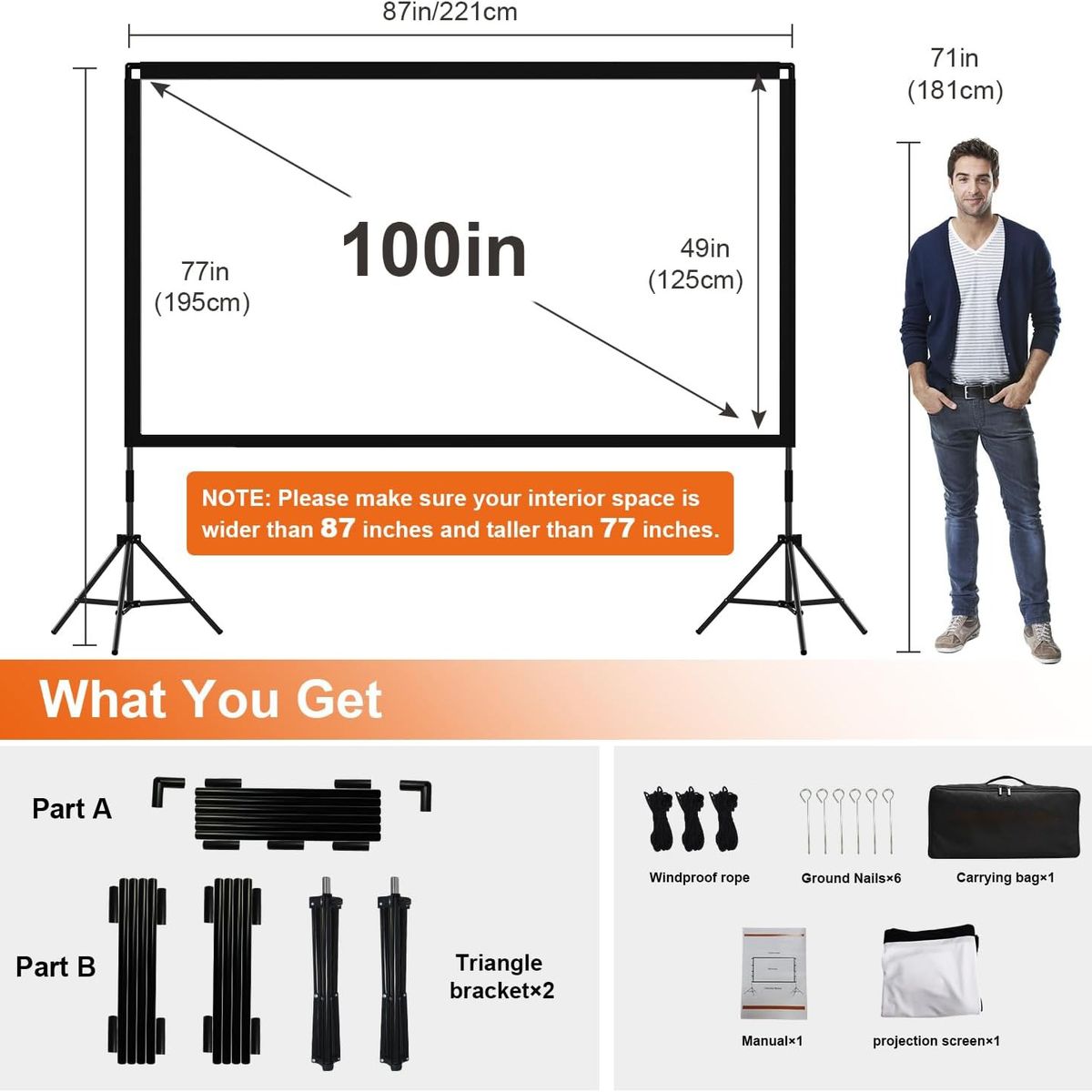 CASTLEN - Telón Mural De Proyector Pantalla Portátil 100 Pulgadas