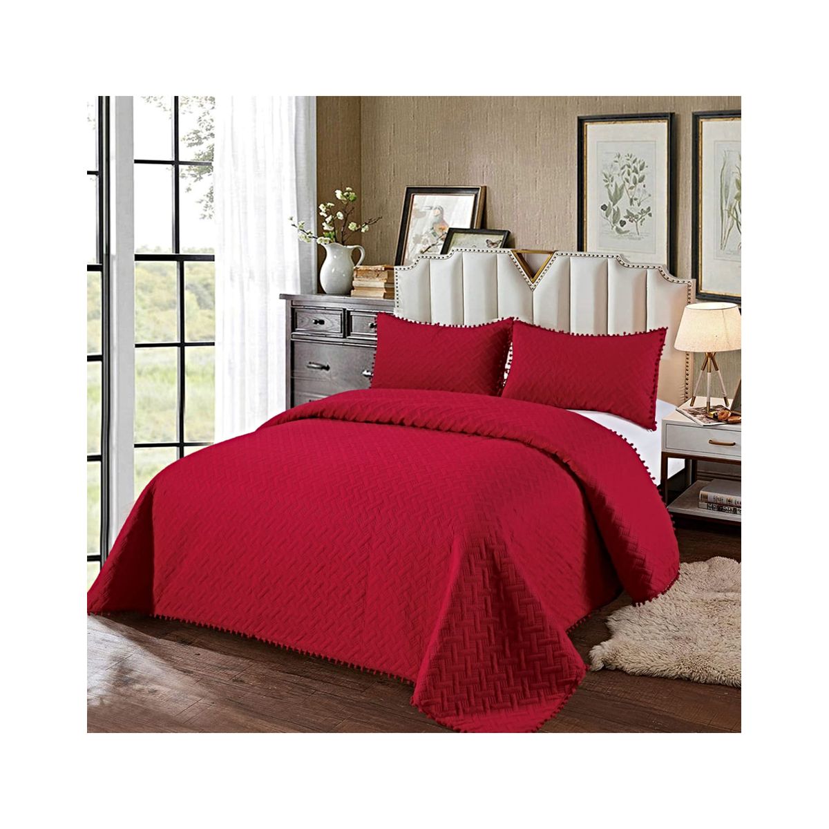 GENERICO - COLCHA QUILT DE VERANO CON POMPONES  PLAZA Y MEDIA