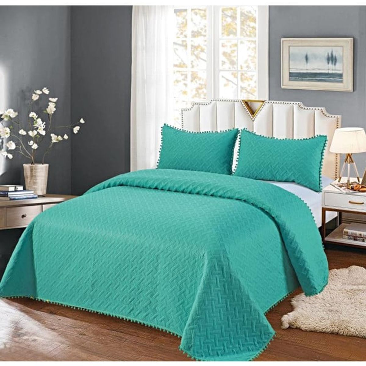 GENERICO - COLCHA QUILT DE VERANO CON POMPONES  2 PLAZAS