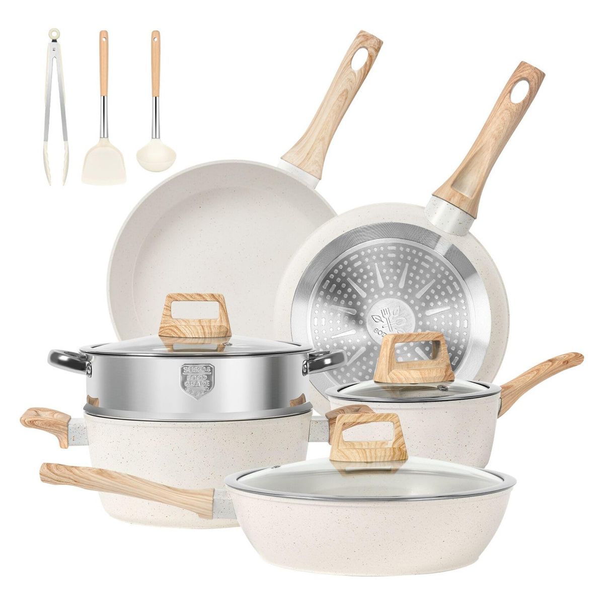 EVERSO - 12 Piezas Bateria De Cocina  Ollas Granito Antiadherente Blanco