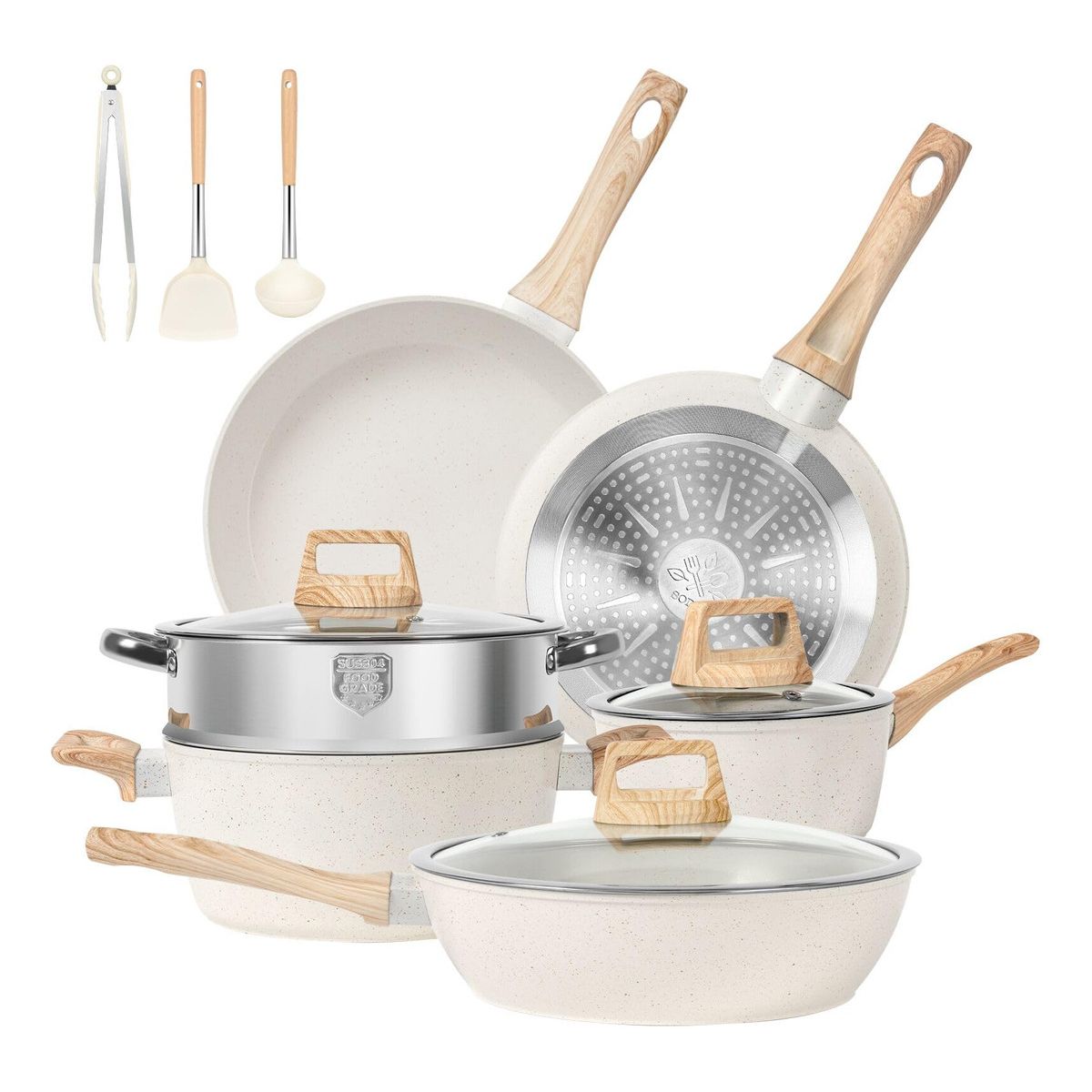 EVERSO - 12 Piezas Bateria De Cocina  Ollas Granito Antiadherente Blanco