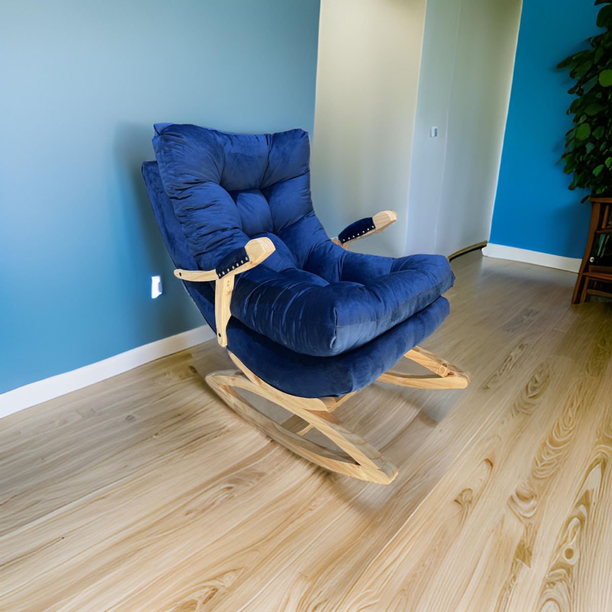 MUEBLES NEW - SILLA MECEDORA COQUETTE CON APOYA BRAZO AZUL MARINO FELPA.