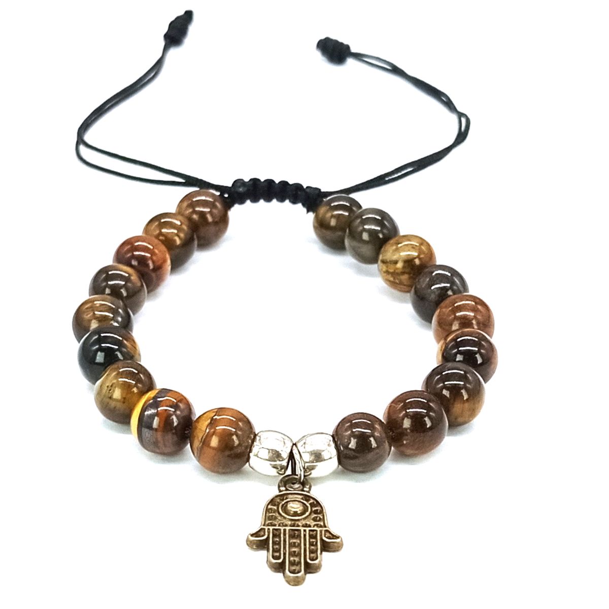GENERICO - Pulsera Ojo de Tigre con Mano de Fátima de Bronce