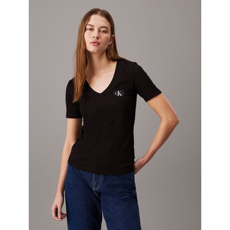 CALVIN KLEIN - Polera Woven Label Rib V-Neck Negro Calvin Klein