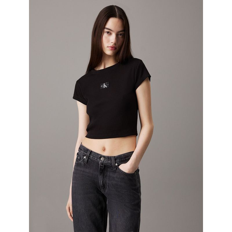 CALVIN KLEIN - Polera Woven Label Rib Baby Negro Calvin Klein