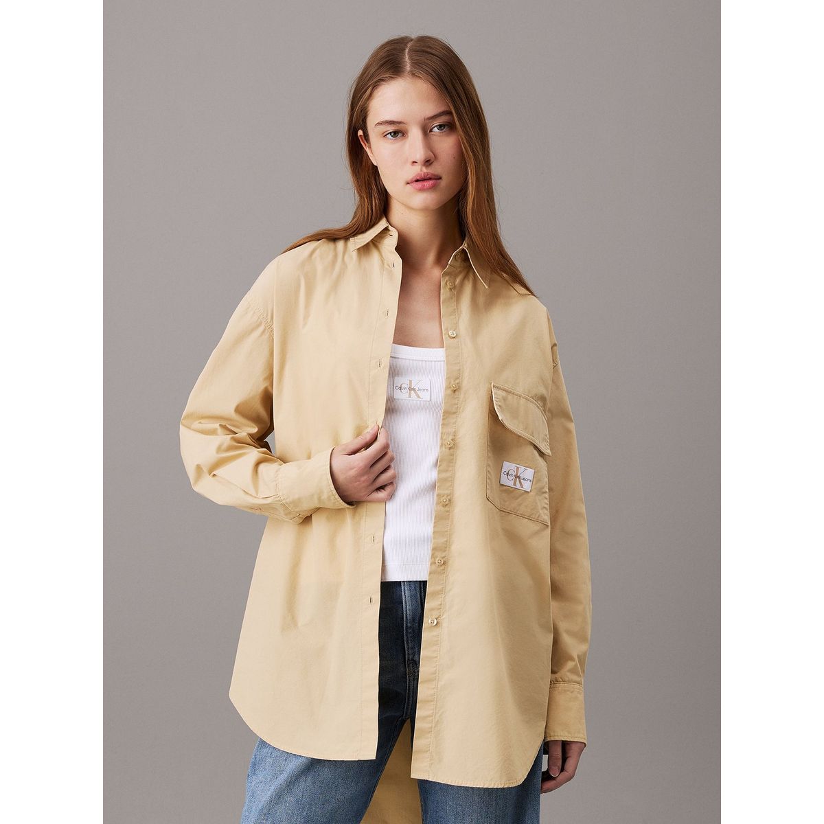 CALVIN KLEIN - Camisa Long Cotton Utility Beige Calvin Klein