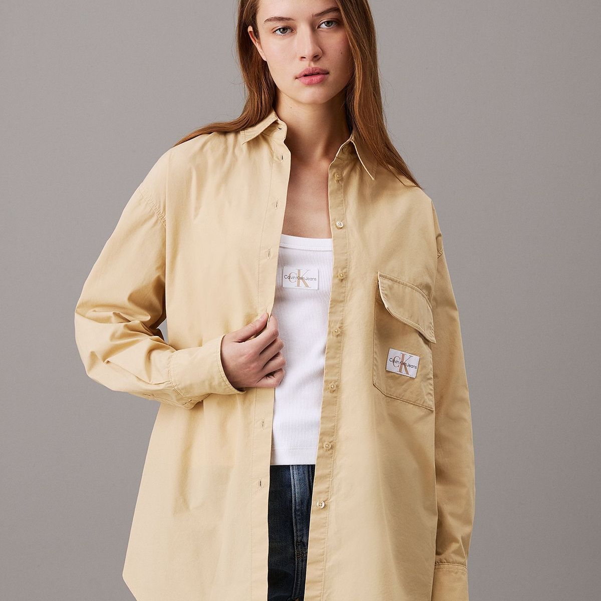 CALVIN KLEIN - Camisa Long Cotton Utility Beige Calvin Klein