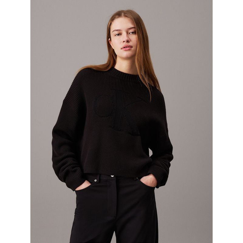 CALVIN KLEIN - Sweater Logo Intarsia Negro Calvin Klein