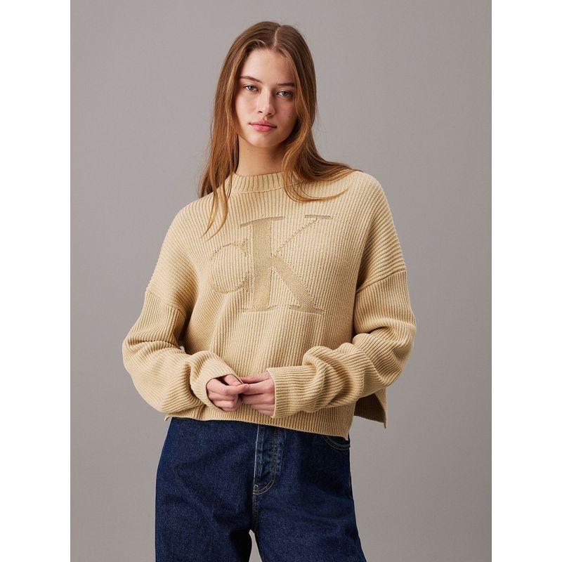 CALVIN KLEIN - Sweater Logo Intarsia Beige Calvin Klein