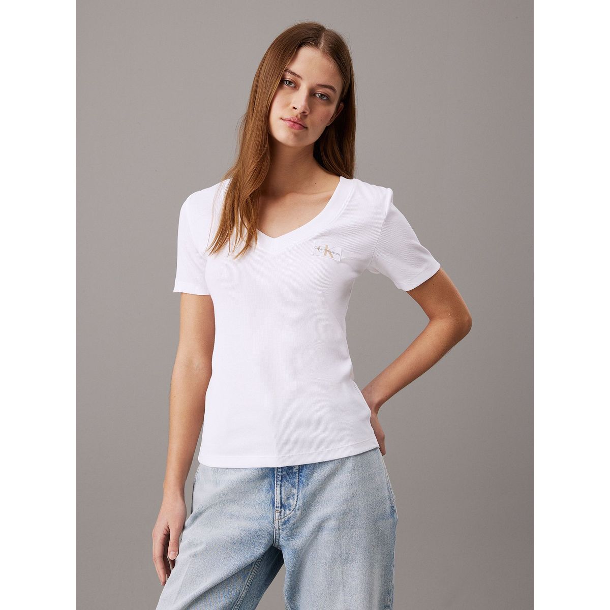 CALVIN KLEIN - Polera Woven Label Rib V-Neck Blanco Calvin Klein