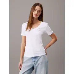 CALVIN KLEIN - Polera Woven Label Rib V-Neck Blanco