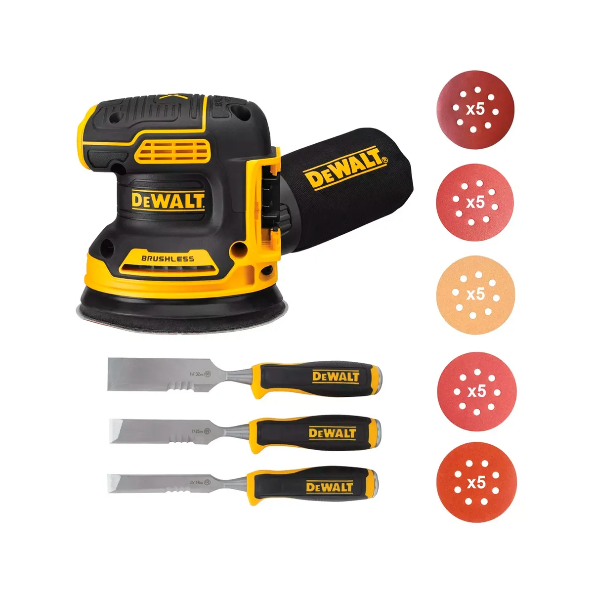 Lijadora Roto Orbital Inal. Dewalt Dcw210b + 25 Lijas + 3 Formones, marca DEWALT - Foto Principal