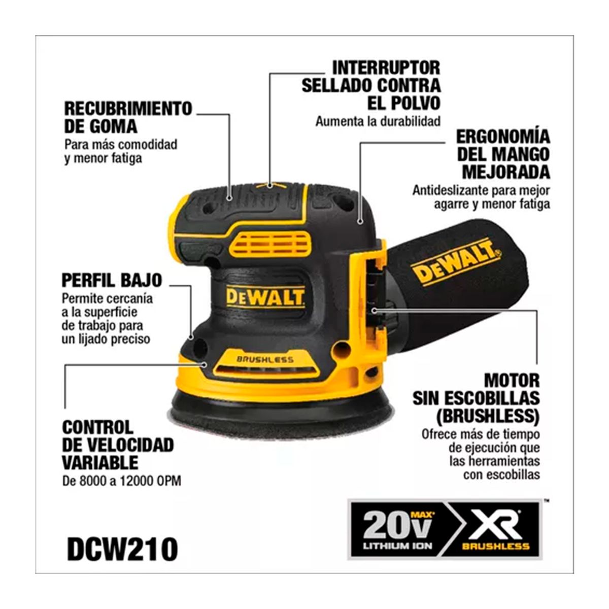 Lijadora Roto Orbital Inal. Dewalt Dcw210b + 25 Lijas + 3 Formones, marca DEWALT - Foto 2