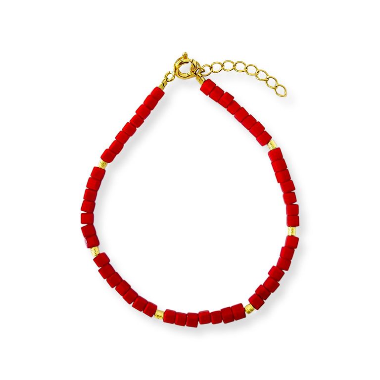Pulsera Cubo Cristal Rojo Mostacilla Enchapado Oro 18K Dorado TALLA UNICA
