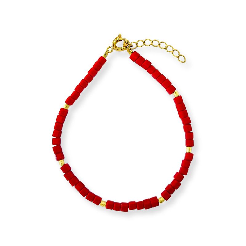ANDREA COGGIOLA JOYAS - Pulsera Cubo Cristal Rojo Mostacilla Enchapado Oro 18K