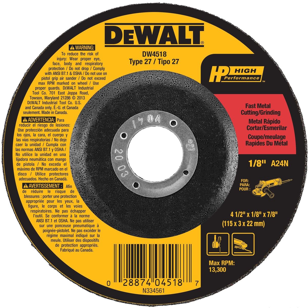 DEWALT - Disco corte metal 4-1/2” x 1/8" DEWALT DW4518C-AR