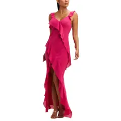 CAPRICHOSA - Maxi Vestido Fucsia de crepe con vuelos y falda asimétrica