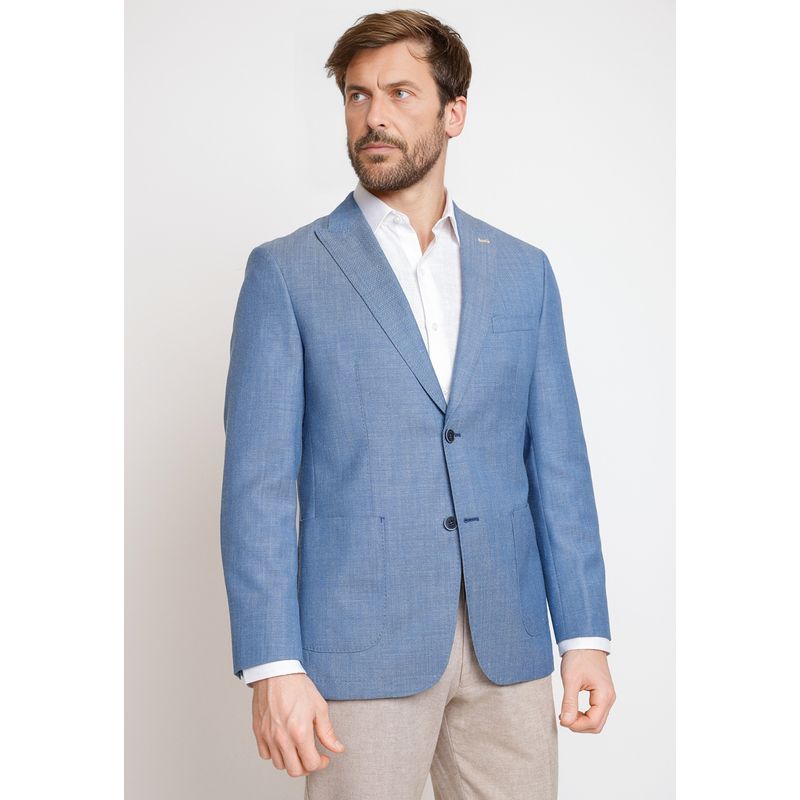 TRIAL - Chaqueta Hombre Casual Mezcla Lana Lino Cuadros Slim Catrino Celeste