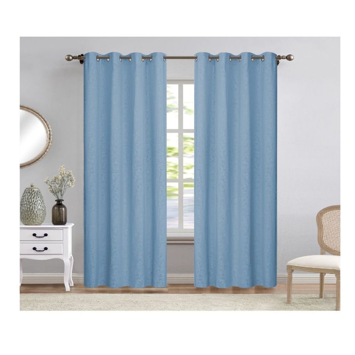 GENERICO - Cortina Opaca Jacquard Set 2 Paños 140 x 230 cm - Azul Ramas 740