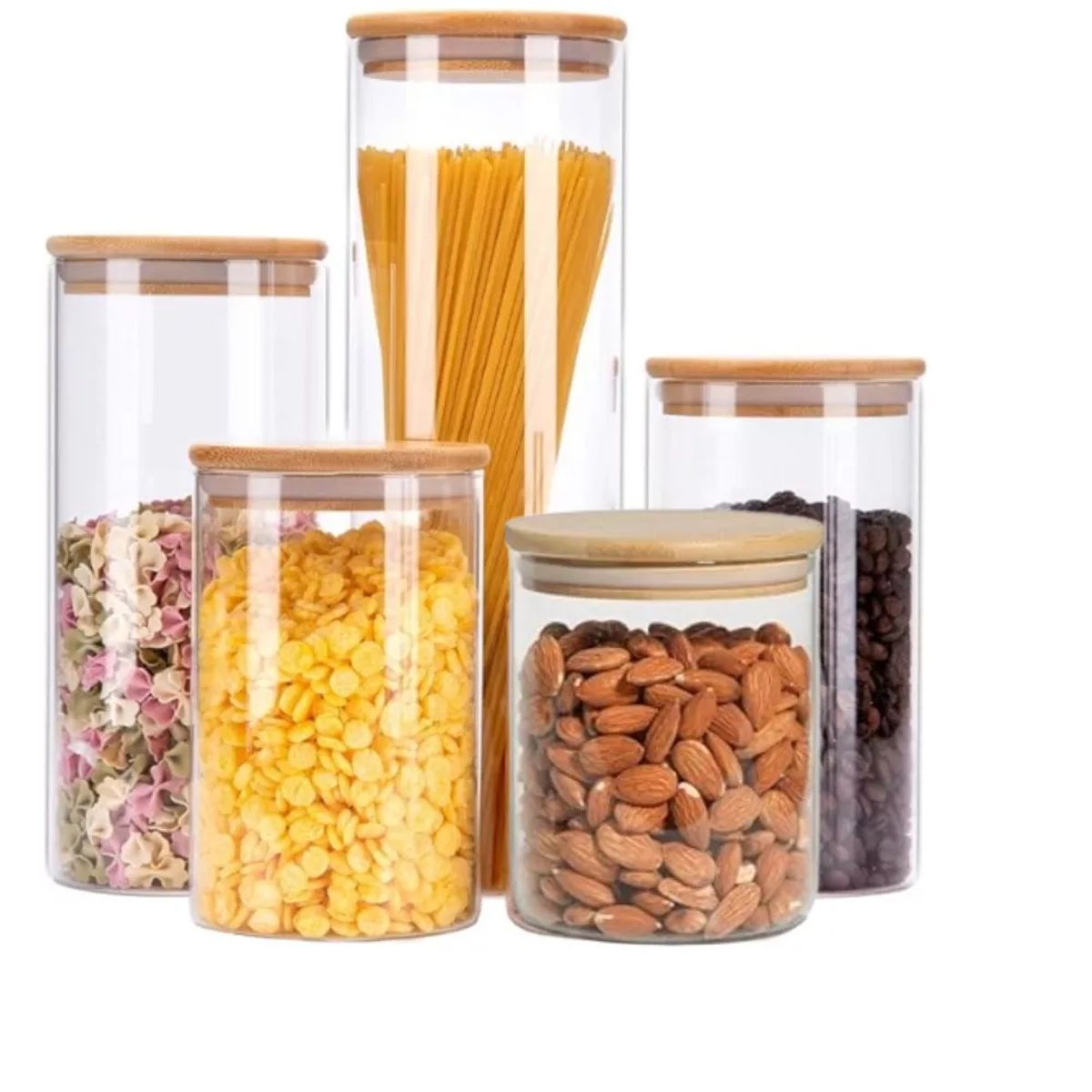 GENERICO - Set 5 Frascos Contenedor Tarro Herméticos Tapa Bambú