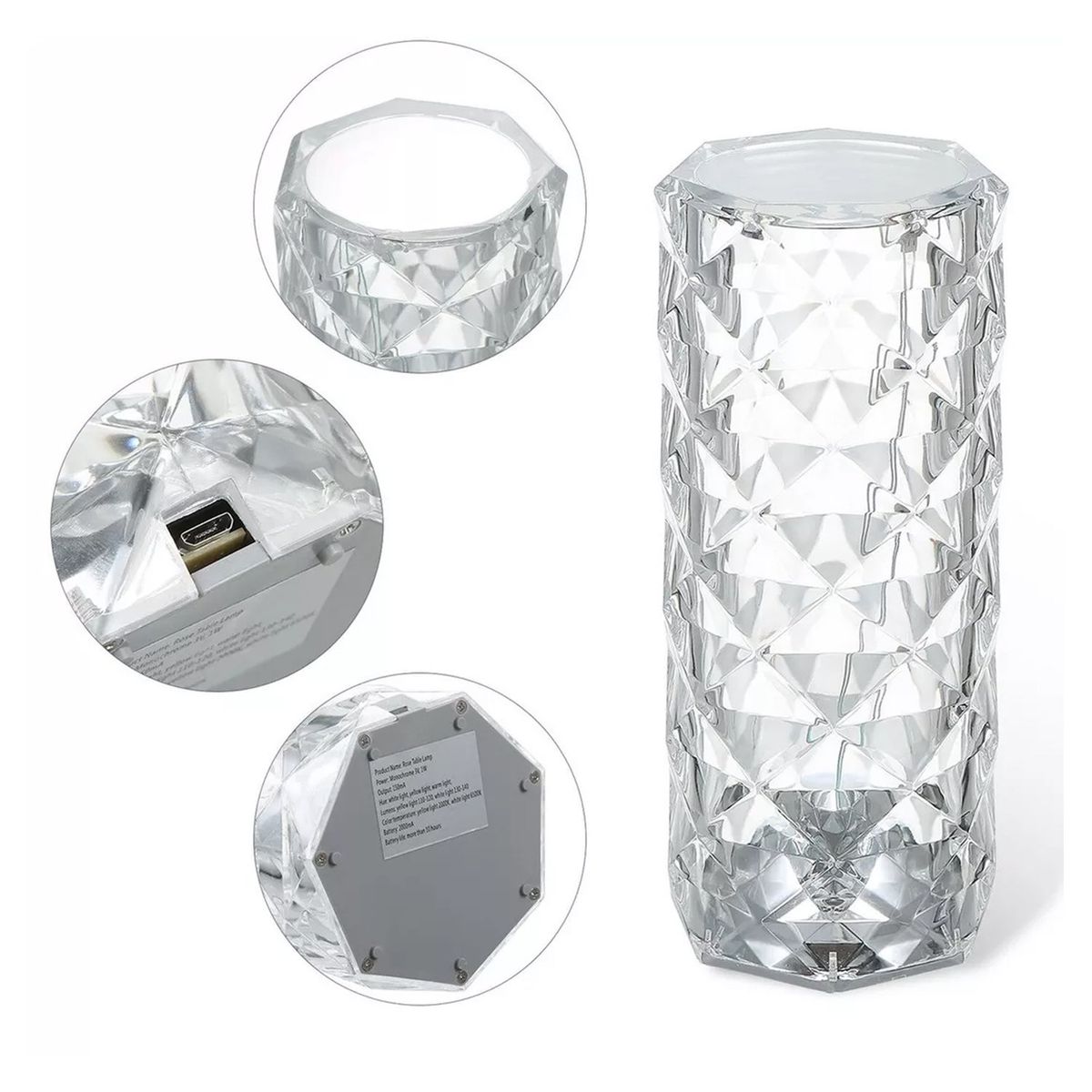 HB LEDS - Lámpara de Mesa Recargable Touch Cilindro Diamante LED Dimeable