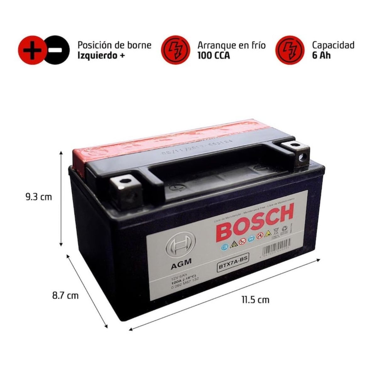 BOSCH - Batería de Moto Agm 6 Ah Positivo Izquierdo 100 CCA