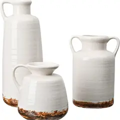 DECO EXPRESS - Set 3 Jarrones cerámica decorativo Blanco-Marrón Rustico