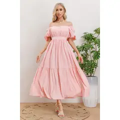 MPROPIA - Vestido Largo Mujer Manga Globo Corta Cuello V 3345